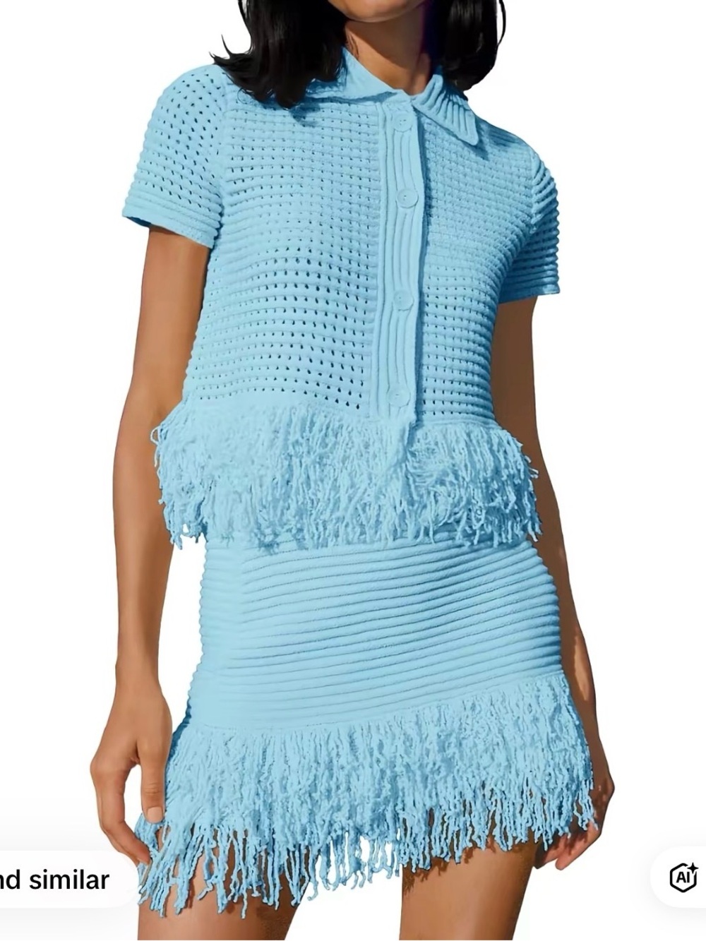 Light Blue Fringe Knit Set